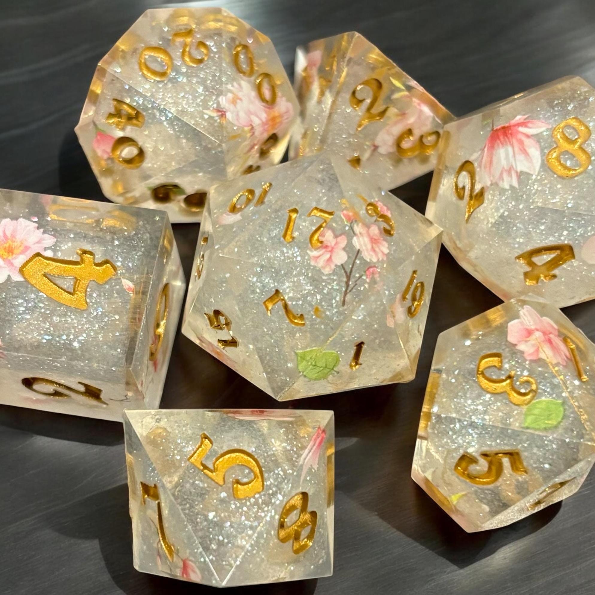 Cherry Blossom Florals Resin 7 Piece Dice Set DND