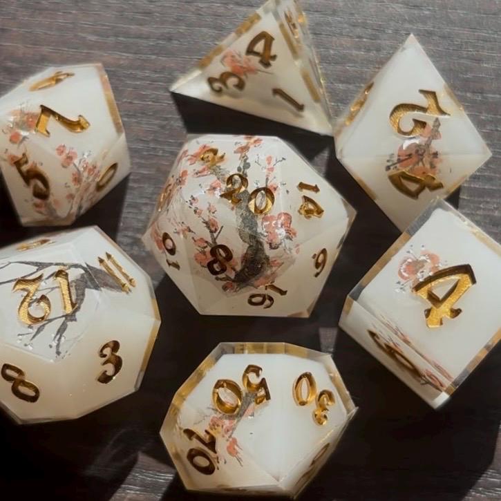 Watercolor Cherry Blossom 7 Piece Resin Dice Set DND