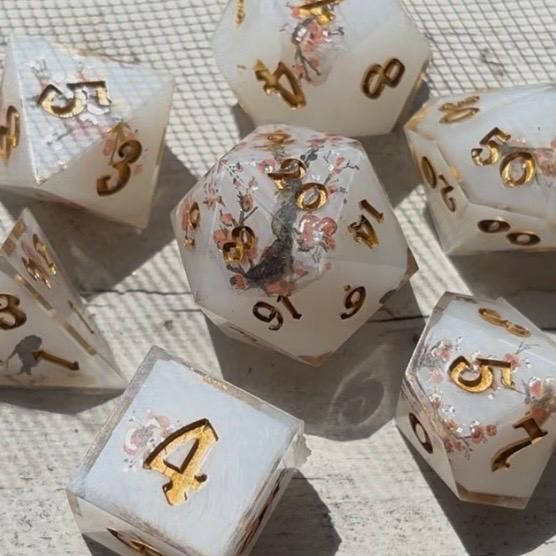 Watercolor Cherry Blossom 7 Piece Resin Dice Set DND