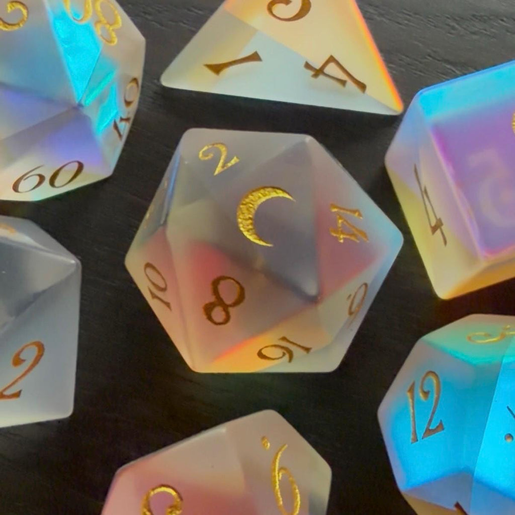 Moonlight Opal Rainbow 7 Piece Glass Dice Set DND | Frosted Iridescent Fantasy Dice | Moon D20 RPG Gift