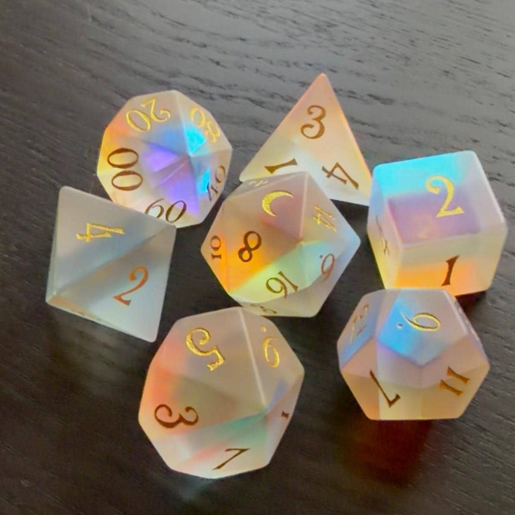Moonlight Opal Rainbow 7 Piece Glass Dice Set DND | Frosted Iridescent Fantasy Dice | Moon D20 RPG Gift