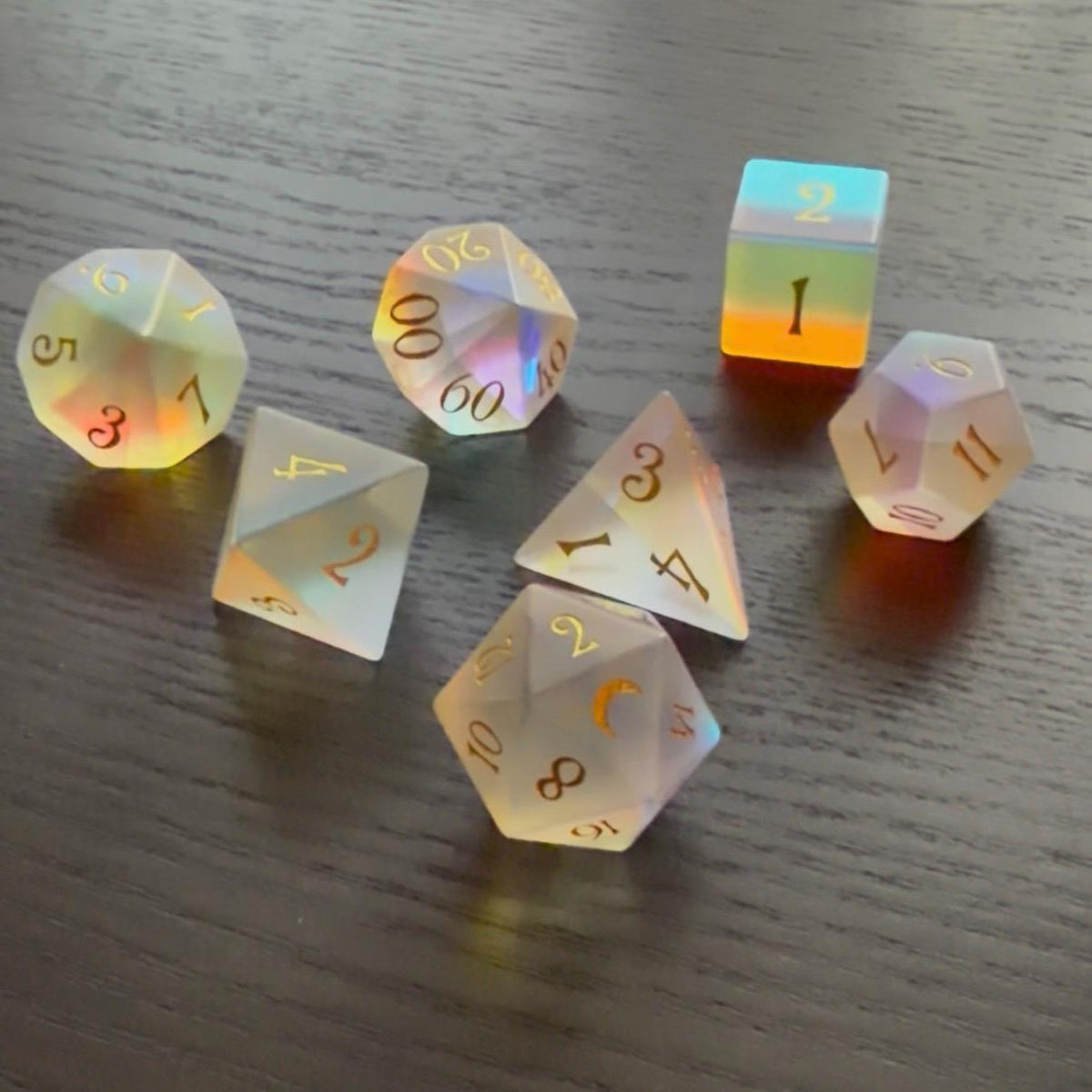 Moonlight Opal Rainbow 7 Piece Glass Dice Set DND | Frosted Iridescent Fantasy Dice | Moon D20 RPG Gift