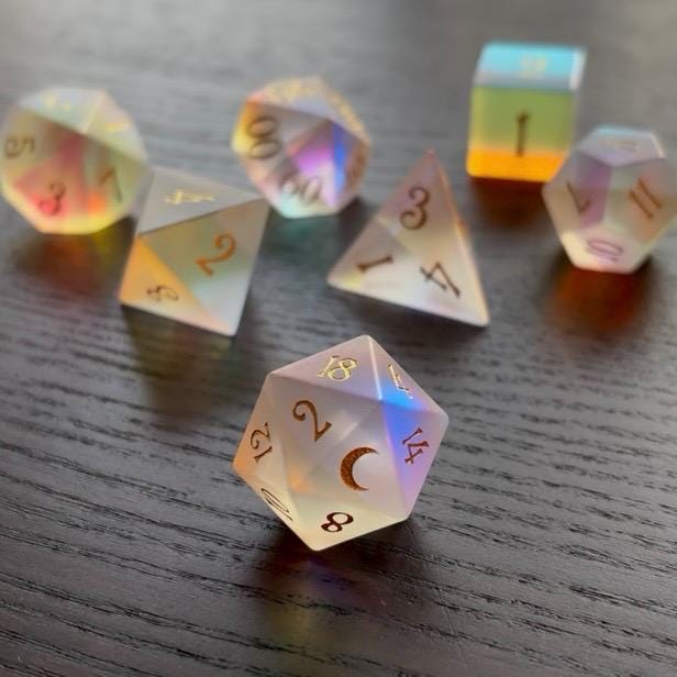 Moonlight Opal Rainbow 7 Piece Glass Dice Set DND | Frosted Iridescent Fantasy Dice | Moon D20 RPG Gift