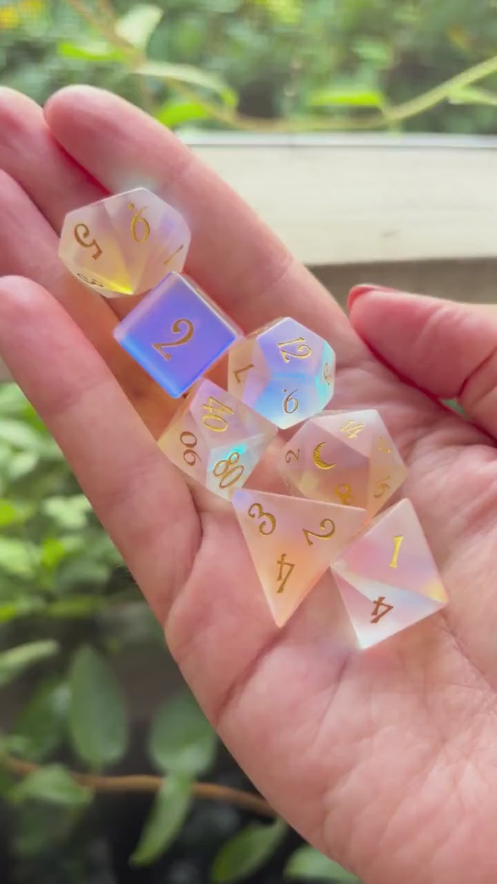 Moonlight Opal Rainbow 7 Piece Glass Dice Set DND | Frosted Iridescent Fantasy Dice | Moon D20 RPG Gift